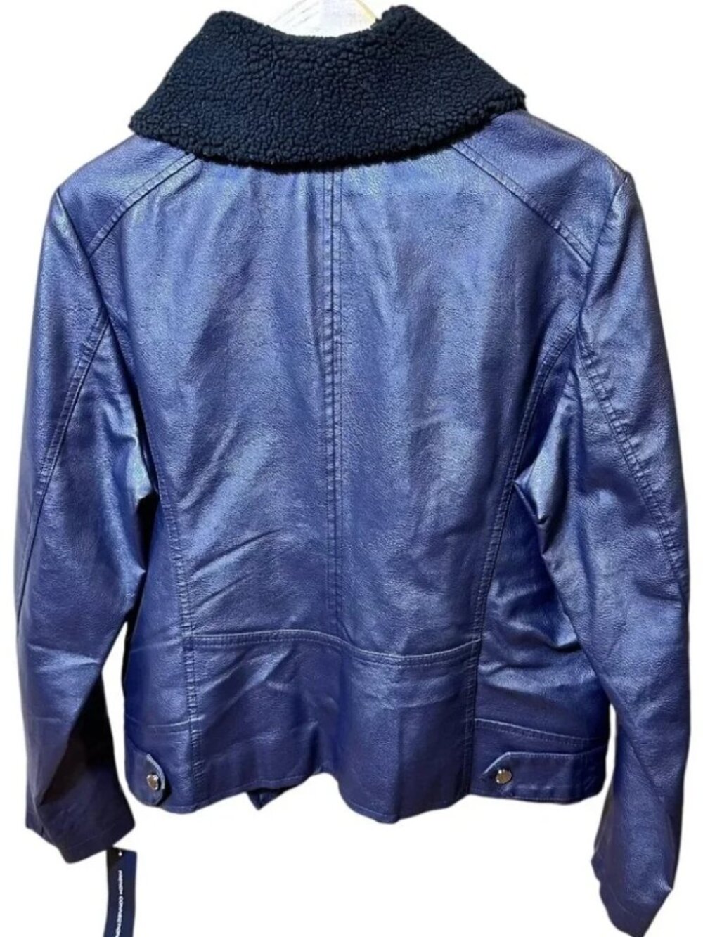 French Connection Faux Leather Moto Jacket Size X-Large Navy - Picture 2 of 14
